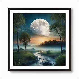 Full Moon Over A Stream Art Print