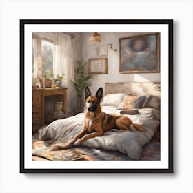 German Shepherd In The Bedroom Dog On Bed Painting ( Bohemian Design ) Art Print