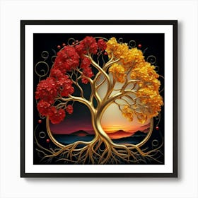 Template: Half red and half black, solid color gradient tree with golden leaves and twisted and intertwined branches 3D oil painting 7 Art Print