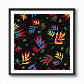 Colorful Leaves On Black Background Art Print
