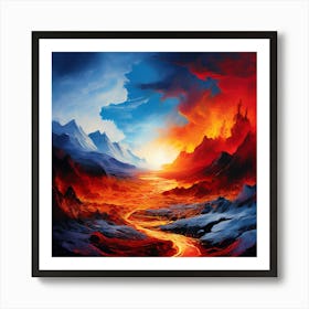 'The End Of The World, Fire In The Mountains, A Landscape Where Fire And Ice Coexist Representing The Balance Of Facing And Overcoming Art Print