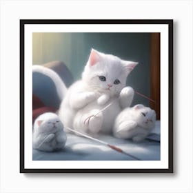 A Little White Cat Playing With Knitting Optimized Art Print