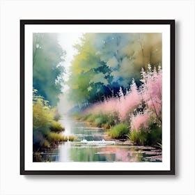 River With Pink Flowers Art Print