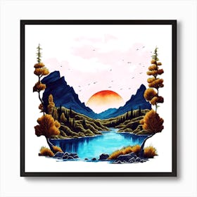 Idyllic Watercolor Landscape Painting With Trees, Mountains, And Sunset Art Print