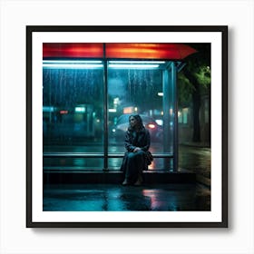 Image Of A Reflective Poised Woman Seated Alone Under A Bus Shelter As Rain Sparkles Around Her Li Art Print