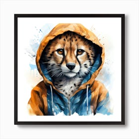 Watercolour Cartoon Cheetah In A Hoodie Art Print