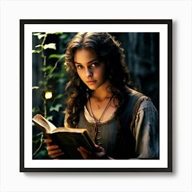 A Young Woman With A Gentle Smile Her Eyes Sparkling With Curiosity Holds A Thick Ancient Book Art Print