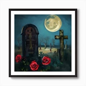 Graveyard With Roses Under The Moon Art Print