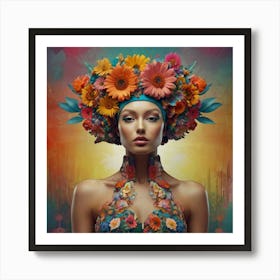 a woman in a colorful flower headdress, in the style of three-dimensional effects, pop-inspired imagery, uhd image, layered collages, barbie-core, futuristic pop, floral creative collage digital art by Paul Henderson, in the style of flower power, vibrant portraiture, UHD image, mike campau, multi-layered color fields, peter Mitchel, mandy disher flower collage art by, in the style of retro-futuristic cyberpunk,
331 Art Print