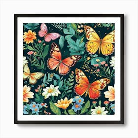 Butterflies On A Black Background Art Print