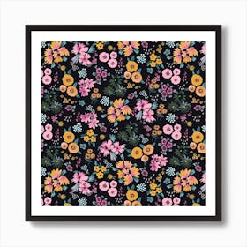 Little Flowers Multi Black  Square Art Print