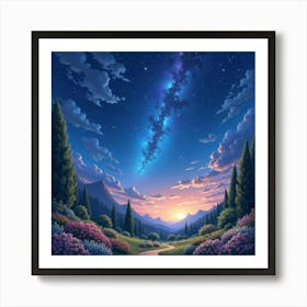 Celestial Watercolor Night Sky Over Magical Garden 1 Art Print