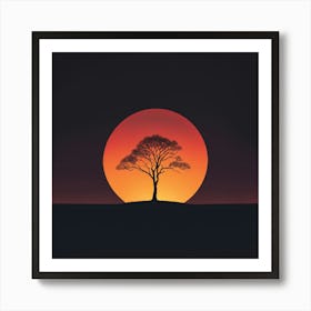 Sunset Tree, A Minimalist Line Drawing Of A Lone Tree Silhouetted Against A Fiery Sunset Art Print