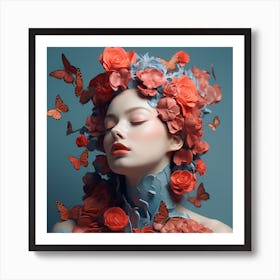 Beautiful Woman With Flowers And Butterflies Art Print