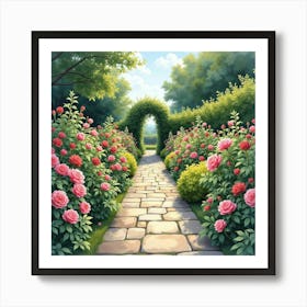 An English Garden With A Classic Stone Path And Blooming Roses, Watercolor 1 Art Print