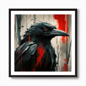 Black And Red Cinematic Acryl Painting Of A Crow Art Print