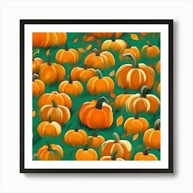 Pumpkins On A Green Background Art Print