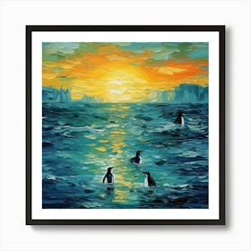 Penguins At Sunset 6 Art Print