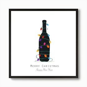 Christmas Black Champagne Bottle With Colorful Light Bulb Vector Greeting Card Art Print