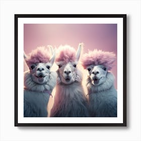 Portrait of Three Lamas With Pink Hair Art Print