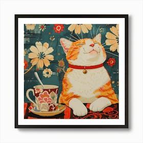 Cat With A Cup Of Tea Art Print