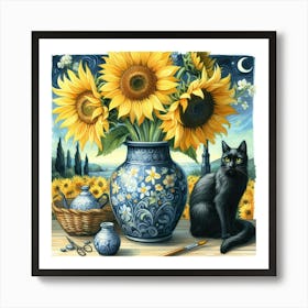 Sunflowers And Cat watercolor pestel painting Vase With Three Sunflowers With A Black Cat, Van Gogh Inspired Art Print.. 2 Art Print