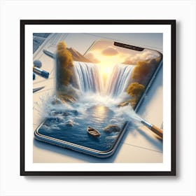 A smartphone whose screen displays a miniature view of a waterfall. 3 Art Print