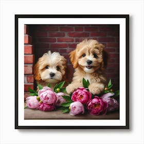 Two Puppies With Flowers Art Print