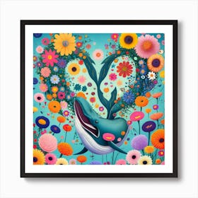 The heart of the blue whale is half composed of spring and autumn flowers 1 Art Print