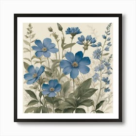 Blue Flowers Farmhouse Botanical Art Print 3 Art Print