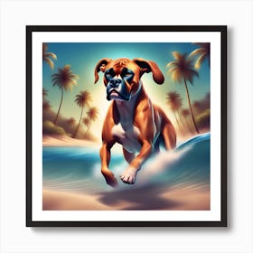 A dog boxer swimming in beach and palm trees 3 Art Print