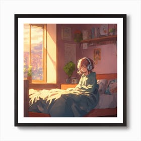 Anime Girl Listening To Music In Bed Art Print