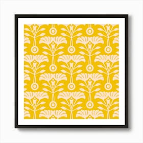 ART NOUVEAU Retro Mod Vintage Floral Botanical in Ecru Cream on Bright Yellow Art Print