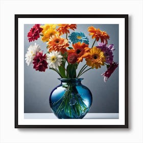 Colorful Flowers In A Blue Vase 1 Art Print