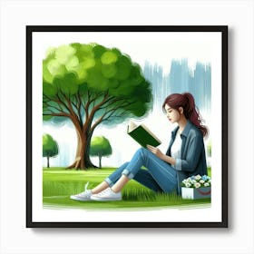 Girl Reading A Book In The Park Art Print