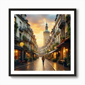 City Street At Sunset Art Print