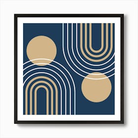 Mid Century Modern Geometric B30 In Navy Blue And Tan (Rainbow And Sun Abstract) 02 Art Print