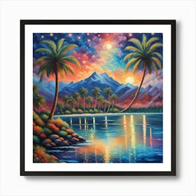 Palm Trees At Night. Radiant Dawn: Colorful Landscape Art with Majestic Mountains and Palm Trees Art Print