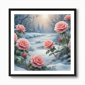 Pink Roses In The Snow Art Print