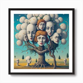 A Surrealist Tree With Heads Growing On It Art Print