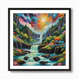 Luminous Cascade: Enchanted Forest Waterfall Under Radiant Skies . Wall art Art Print