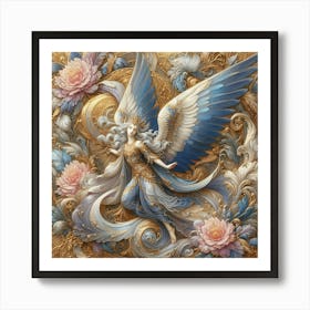 Angel Beauty In Flowers And Gold Ornament Creative Detail Drawing Art Print