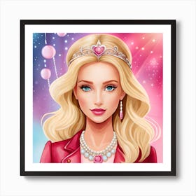 Barbie Princess, Pink Barbie Doll, Cartoon Illustration, Digital Art Print, Baby girl room decor Art Print