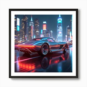 Glowing Futuristic Car With Sleek Chrome Finish, Gliding Through Vibrant Cityscape 1 Art Print