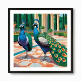 Peacocks in a Renaissance Garden Series. In Style of David Hockney 1 Art Print