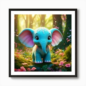 Firefly 3d, Animated, Cute, Little, Round, Turquoise, Elephant, Baby, Forest, Pink Flowers, Whimsica (5) Art Print