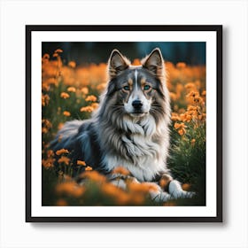 Dog In A Field of flower's Art Print