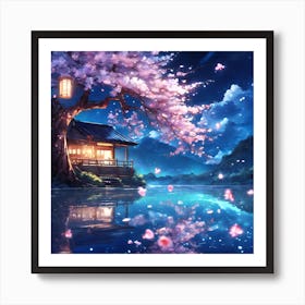 Warm Lantern Light on Cherry Blossom Lake Art Print