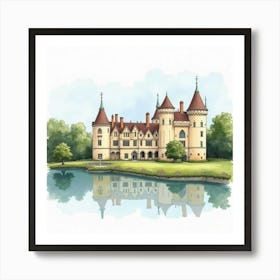 Watercolor Illustration Of The Eastnor Castle In Herefordshire, Showcasing Its Grand Design And Beautiful Surroundings Art Print