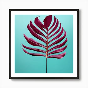 Burgundy Tropical Leaf against a see blue background, 1287 Art Print